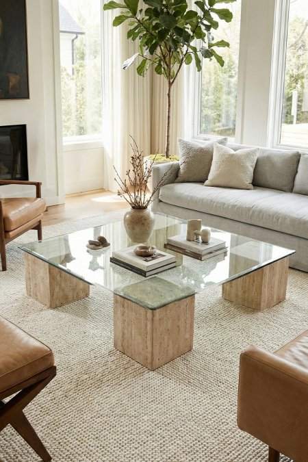 طاولة مربعة فخمة – قواعد حجر + زجاج سكريت