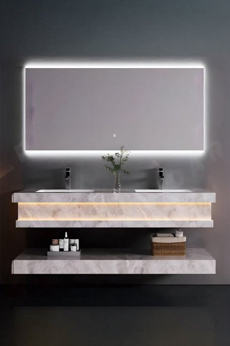 مغسلة حمّام مزدوجة لون رمادي رخامي مع إضاءة مخفية + مراية كبيرة بإضاءة