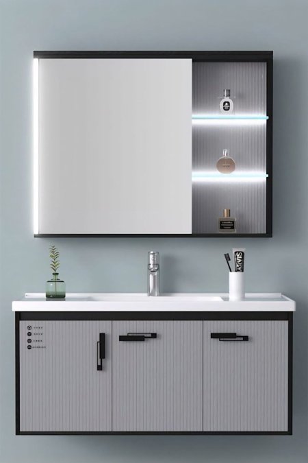 طقم مغسلة حمّام معلّق رمادي بخطوط طولية