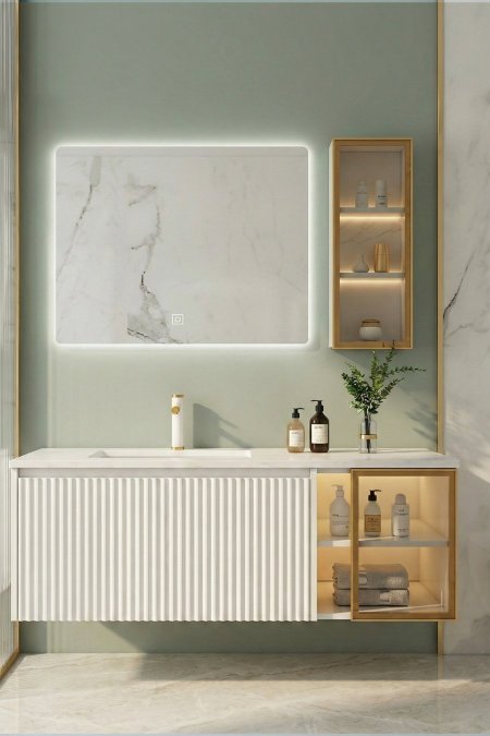 مغسلة معلّقة فاخرة مع خزنة زجاج مضيئة