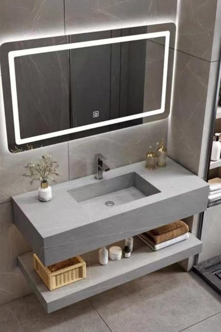 مغسلة حمّام عائمة رمادي – حوض مدمج مع رف سفلي + مرآة LED مستطيلة