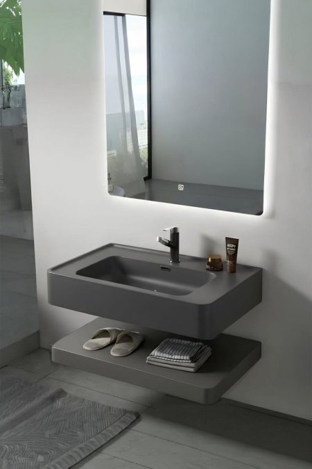 مغسلة حمّام عائمة رمادي غامق – حوض مدمج مع رف سفلي + مرآة LED