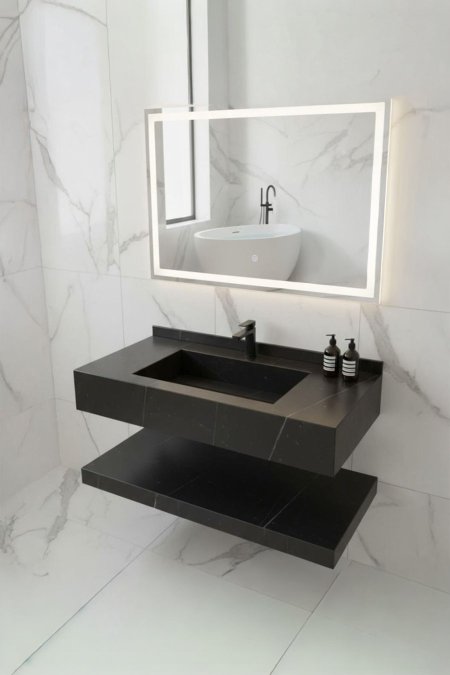 مغسلة حمّام عائمة رخام أسود – حوض مدمج مع رف سفلي + مرآة LED