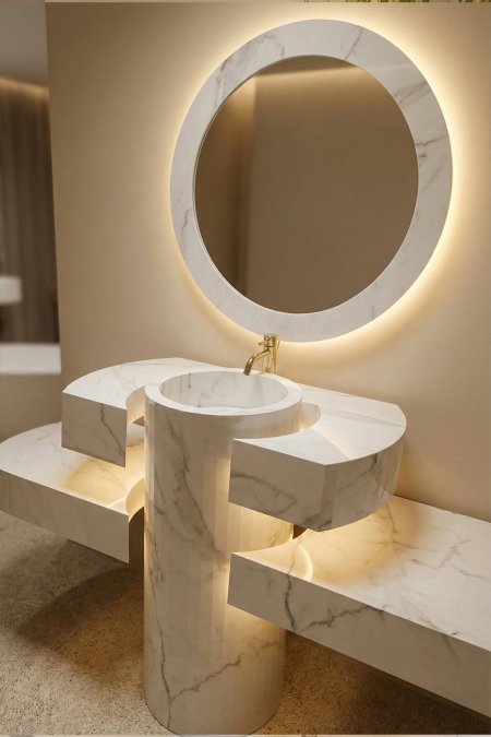 مغسلة رخام فاخرة – تصميم دائري مع إضاءة مخفية