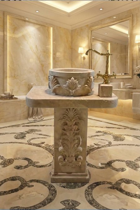 مغسلة رخام ملكي كلاسيك – قاعدة منحوتة + حوض رخامي دائري