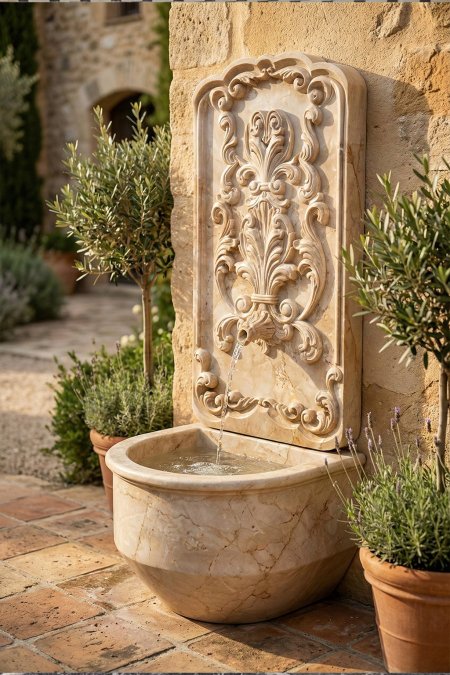 نافورة جدارية حجر طبيعي – نقش كلاسيكي مع حوض سفلي