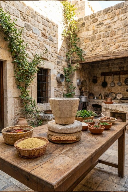 رحاية حجر تراثية (مطحنة قمح/برغل) – قطعتين مع قاعدة