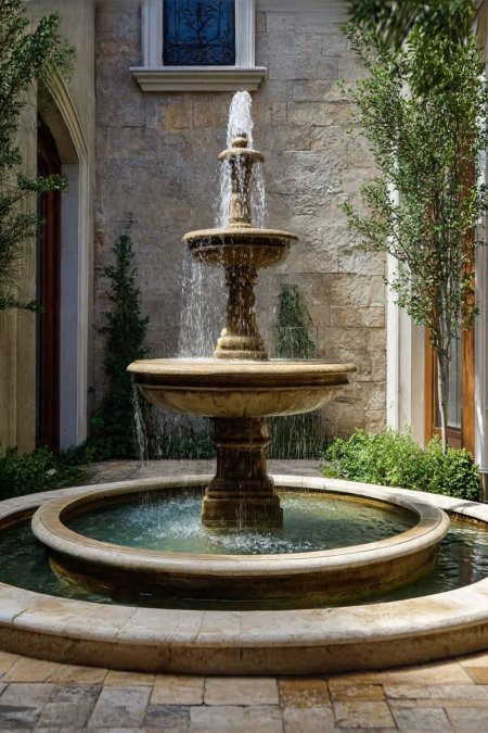 نافورة حجر كلاسيكية ثلاثية الطبقات مع حوض دائري