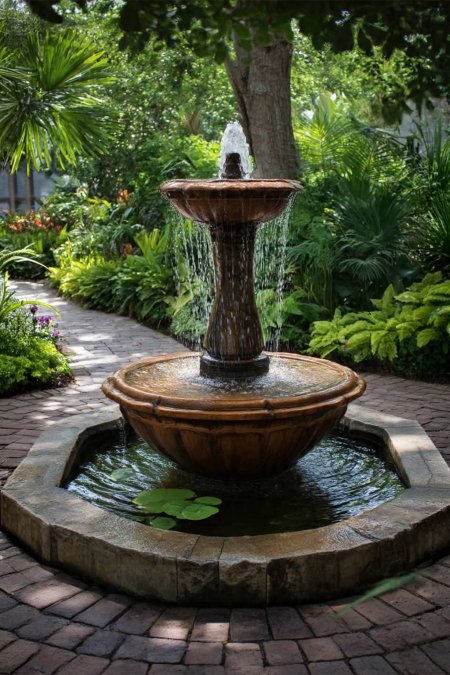 نافورة حجر كلاسيكية بطبقتين مع حوض دائري – لون برونزي