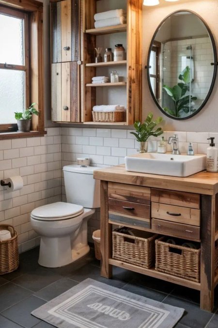 مغسلة خشب ريفي أدراج وسلّات