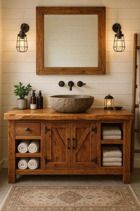 مغسلة خشب ريفي بحوض حجر