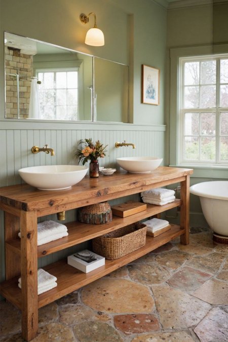 مغسلة خشب ريفي مزدوجة برفوف