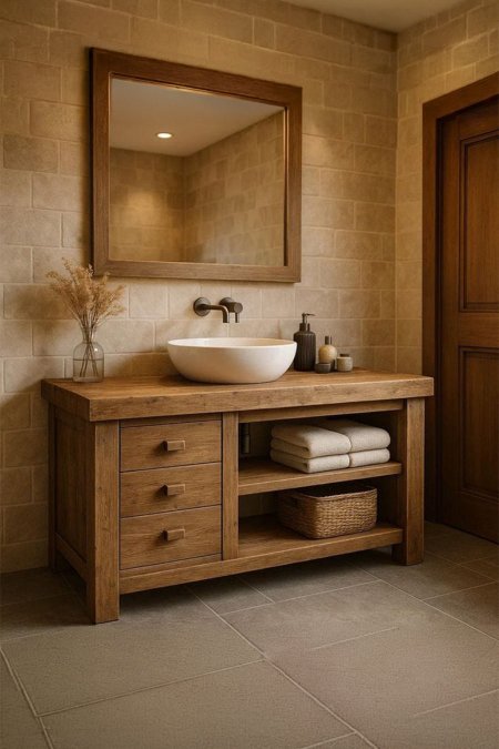 مغسلة خشب ريفي مع أدراج ورفوف