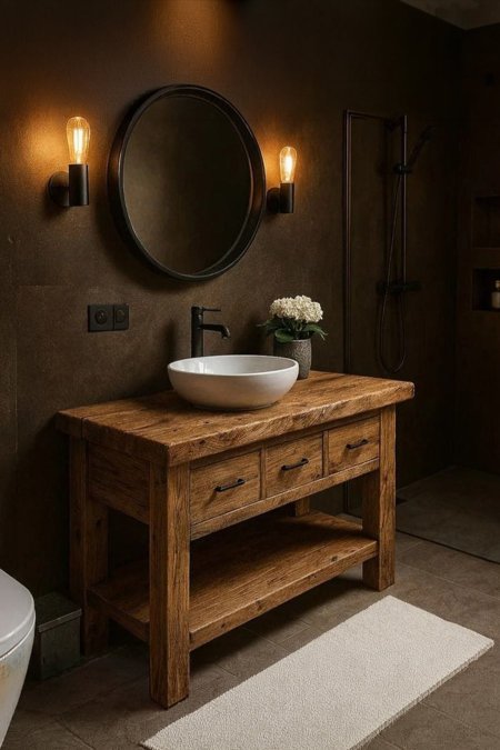 مغسلة خشب ريفية بثلاث أدراج ورف سفلي