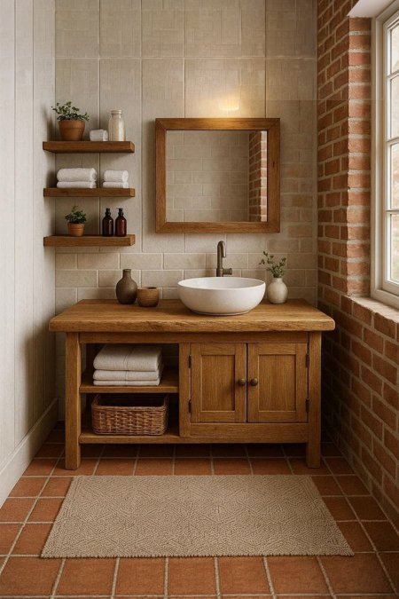 مغسلة خشب ريفية بخزانة جانبية ورفوف مفتوحة