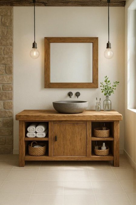 مغسلة خشب ريفية بحوض حجر مع تخزين جانبي