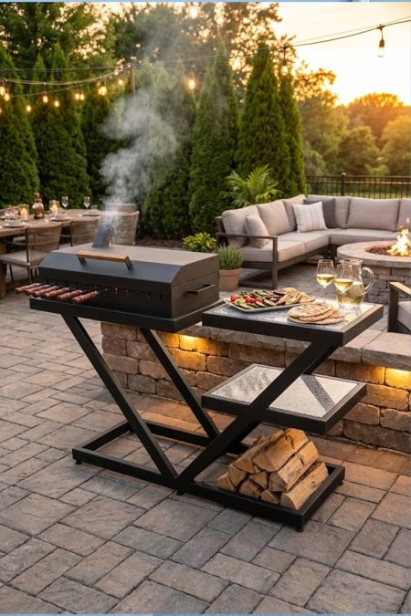 شواية ستاند V مع طاولة تقديم – خشب طبيعي وشايش