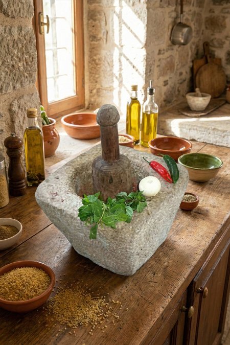 جرن حجر مربع تراثي مع مضقّة خشب