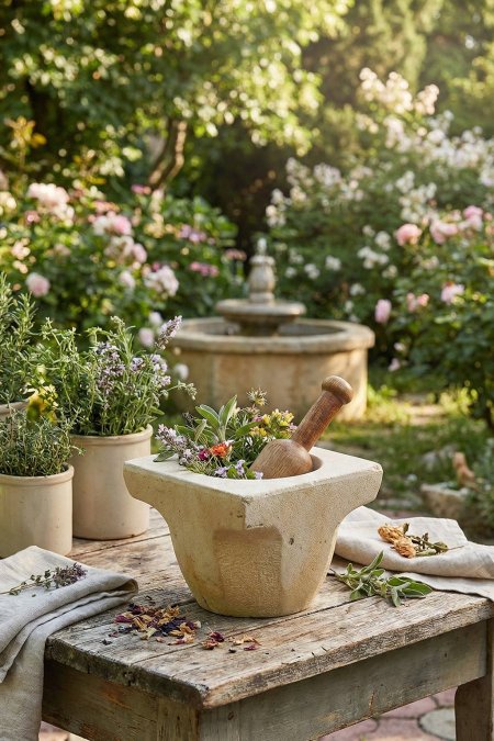 جرن حجر للأعشاب والبهارات مع مضقّة خشب (تصميم مربع)