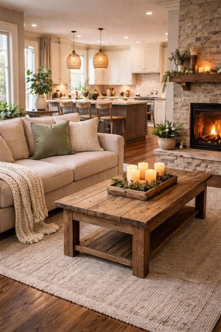 طاولة قهوة خشبية ريفية مع رف سفلي – تصميم دافئ