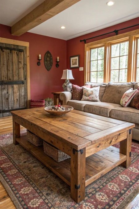 طاولة قهوة خشبية ريفية كبيرة مع رف سفلي – تصميم تراثي