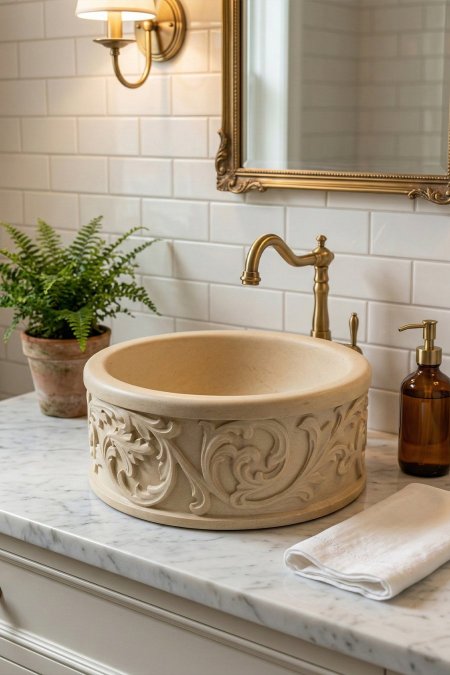 حوض مغسلة حجر طبيعي مزخرف دائري – مقاس 35 سم