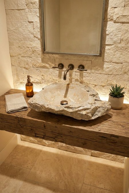 حوض مغسلة صخرة طبيعي (Rock Sink) – 63×65 سم