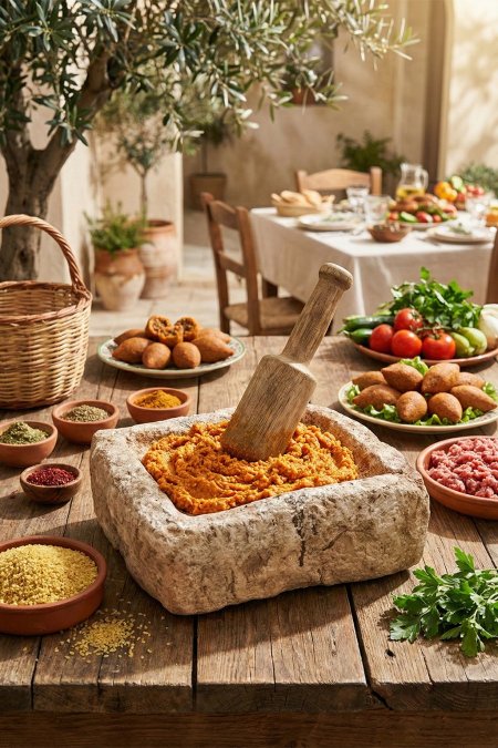 جرن كبّة حجري مسطّح مع مضقّة خشب