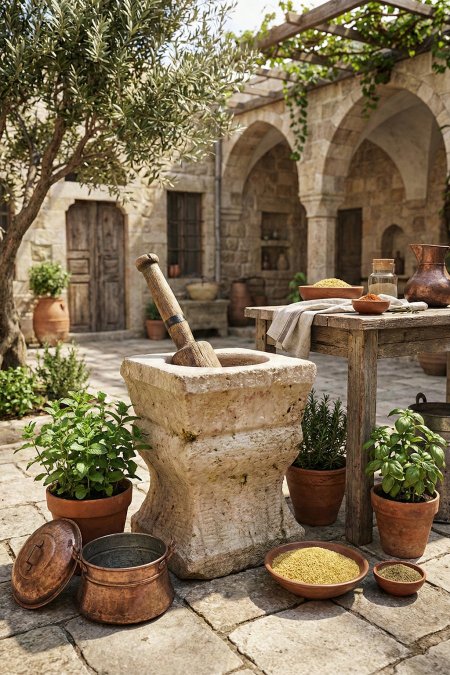 جرن حجر قائم (هاون تراثي) مع مضقّة خشب