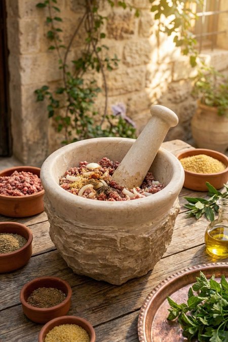 جرن كبّة رخام/حجر أملس مع مضقّة