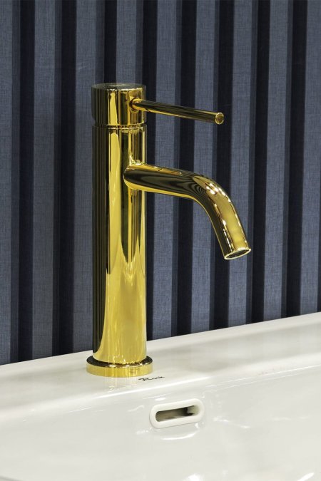 حنفية مغسلة ذهبية لامعة بتصميم عصري أسطواني