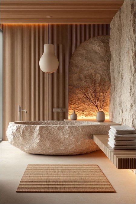 بانيو حجر طبيعي فاخر – تصميم صخري مستطيل