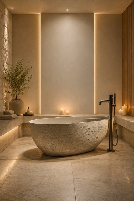 بانيو حجر طبيعي فاخر – تصميم بيضاوي ناعم