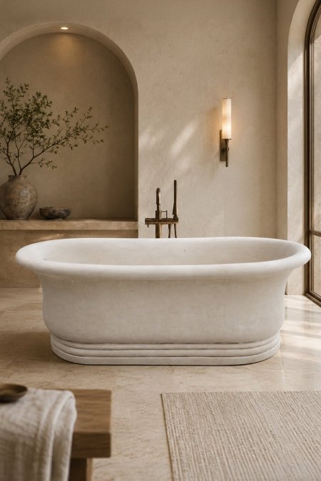 بانيو حجر طبيعي فاخر – تصميم كلاسيكي أبيض