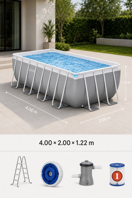 مسبح بلاستيك مستطيل بإطار معدني 4.00 × 2.00 × 1.22 م