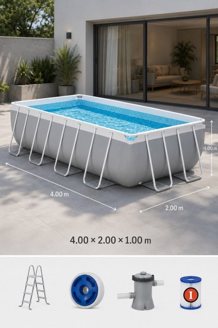مسبح بلاستيك مستطيل بإطار معدني 4.00 × 2.00 × 1.00 م
