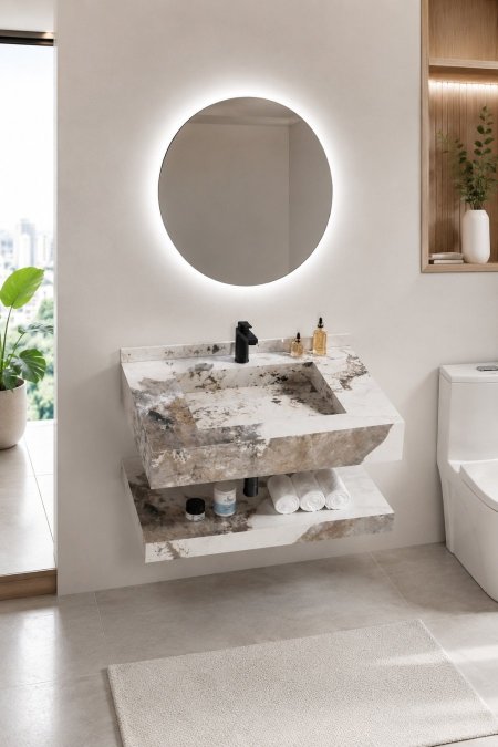 مغسلة أكريليك رخامي عضم معلّقة مع مرآة دائرية LED