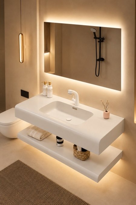 مغسلة أكريليك عضم معلّقة مع مرآة LED