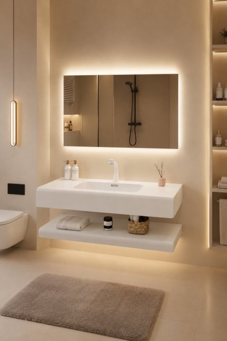 مغسلة أكريليك عضم معلّقة مع مرآة LED