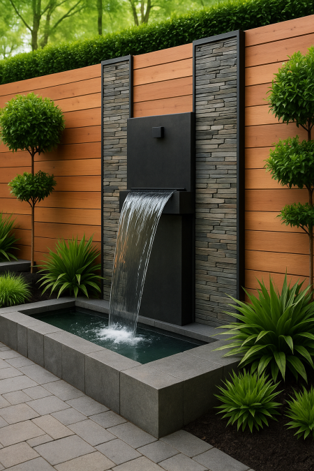 نافورة حائط حجرية بخط شلال مستقيم – تصميم هندسي طبيعي