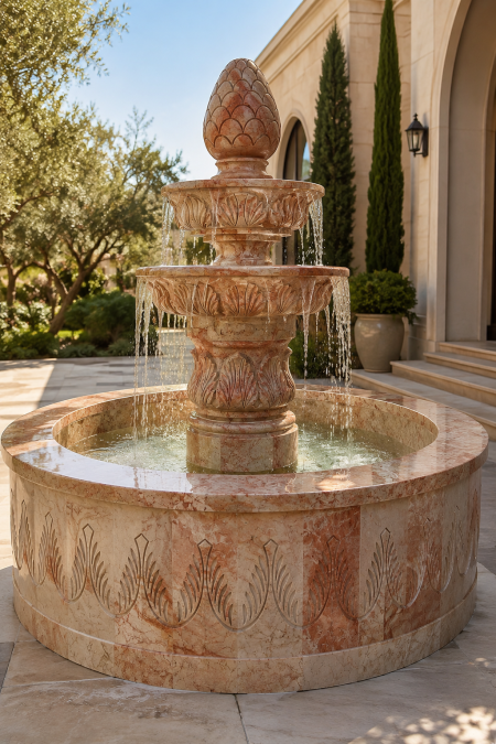 نافورة حجر أحمر طبيعي فاخرة – 2×2 متر