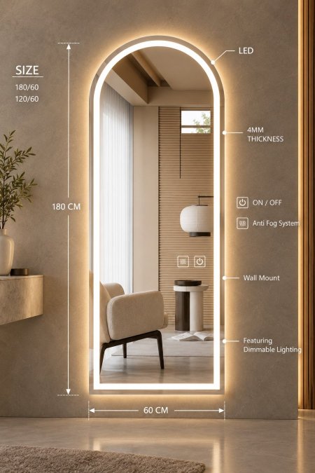 مرآة LED – تصميم قوسي مقاس 60×180 سم