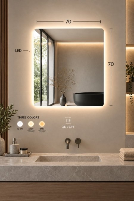 مرآة LED مربعة مقاس 70×70 سم – ثلاث ألوان إضاءة
