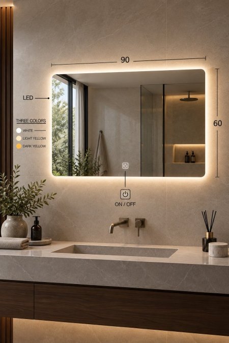 مرآة LED مستطيلة مقاس 90×60 سم – ثلاث ألوان إضاءة
