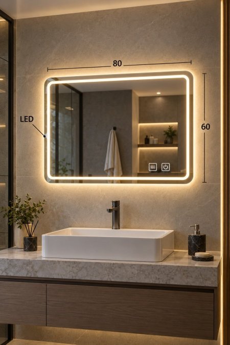 مرآة حمام LED مستطيلة 80×60 سم مع Anti-Fog