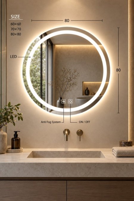 مرآة حمام دائرية LED مع Anti-Fog ولمس