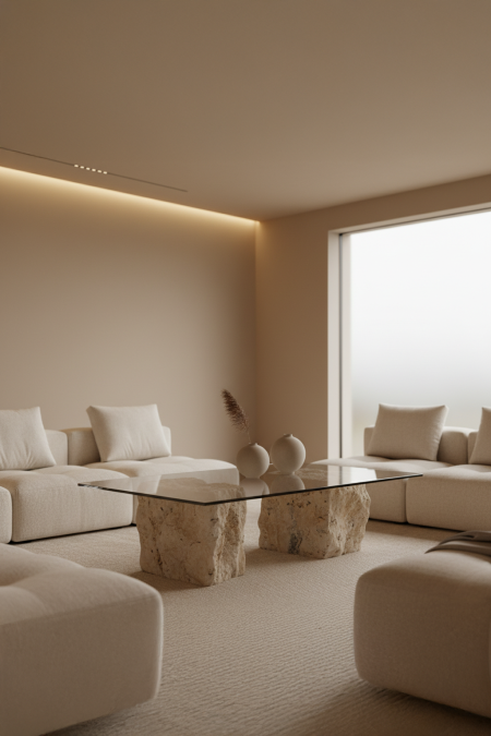 طاولة زجاجية بقاعدة حجر طبيعي