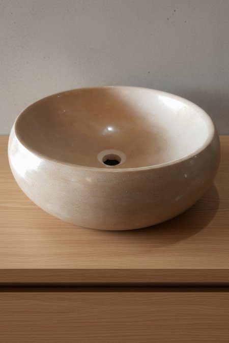 حوض مغسلة حجري مصقول بالكامل – لون بيج فاتح