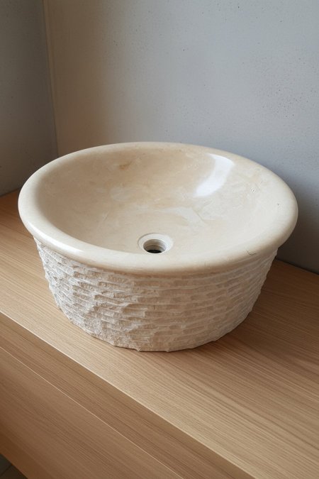 حوض مغسلة حجري بنقشة جانبية – تصميم فاخر بلون عاجي