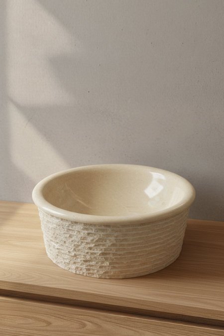 حوض مغسلة حجري بنقشة ناعمة – لون بيج ذهبي